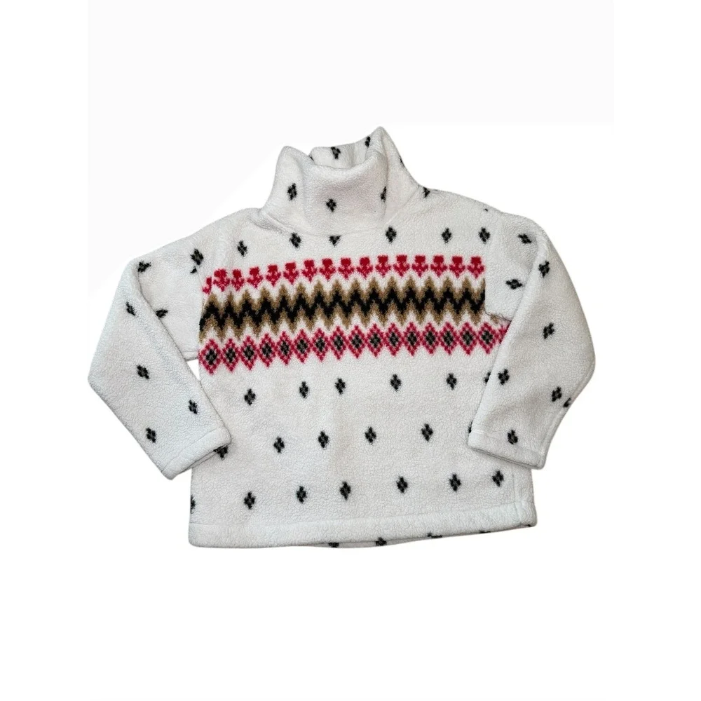 Loft White Sherpa Turtleneck Sweater Geometric Pattern Women's Size Medium - Picture 2 of 4